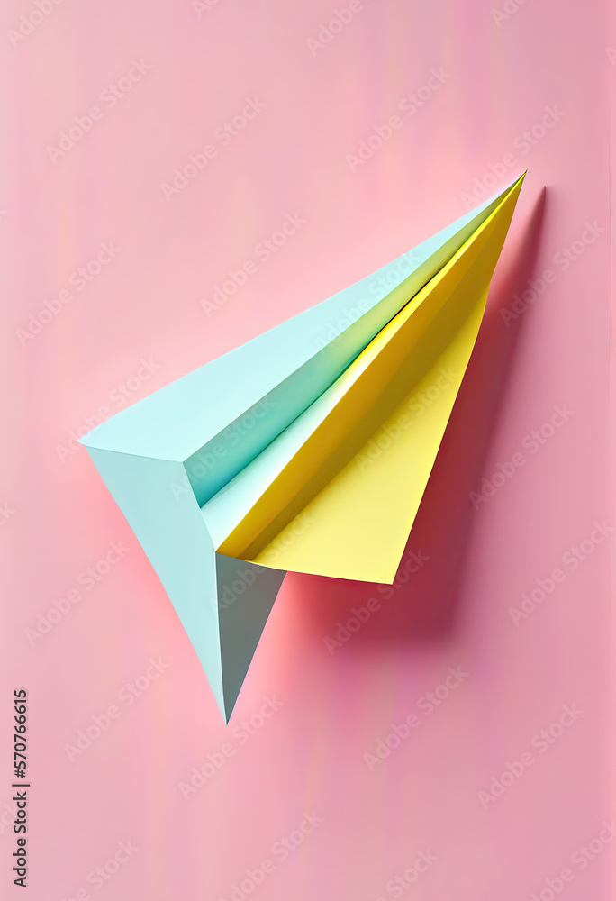 Yellow paper airplane on pastel pink and blue background. Yellow paper airplane on pastel pink and blue background.