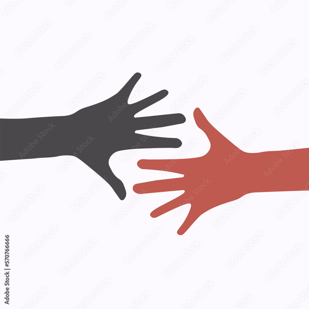 Illustration isolated vector of two hands reached each other, in black and red color, symbolize teamwork, togetherness, vote, care, help, charity, love, comunication
