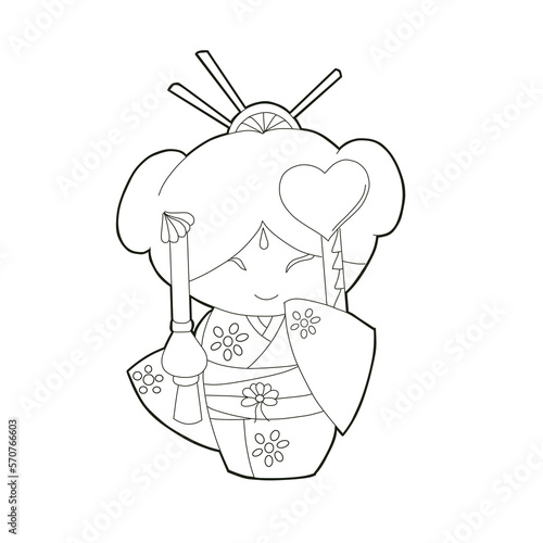 Photography personaje femenino japones en linea sin color con kimono tradicional para tarjet