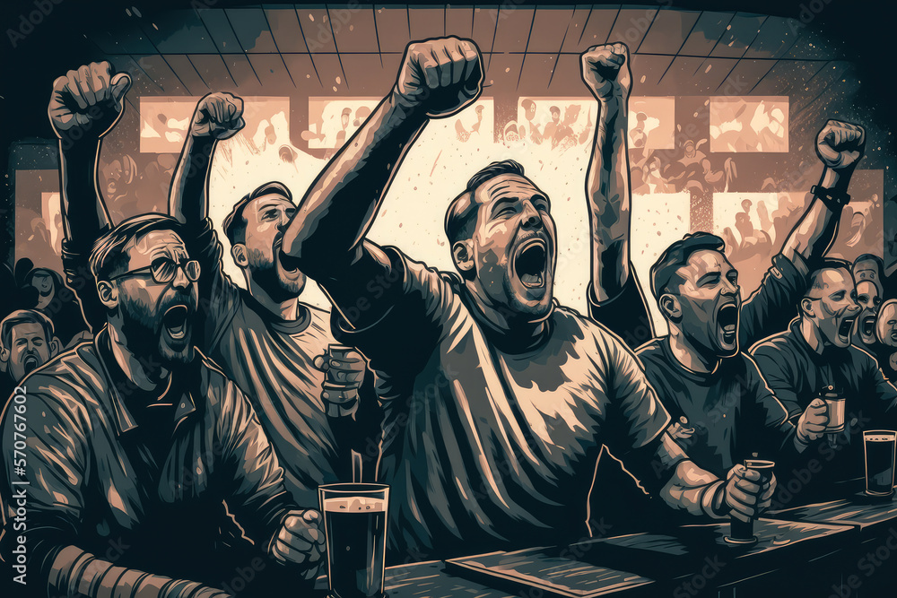 Proud group of male football fans clinking beers in victory salute at noisy sports bar, generative ai