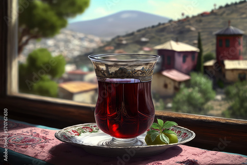 Refreshing Turkish tea in clear glass with view of lush green hills, generative ai photo