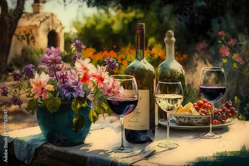 Relaxing Wine Tasting in a Beautiful Garden with Grape Vines and Flowers, generative ai photo