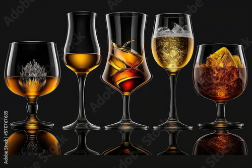 Sophisticated alcoholic drink collection isolated on a bold black background, generative ai