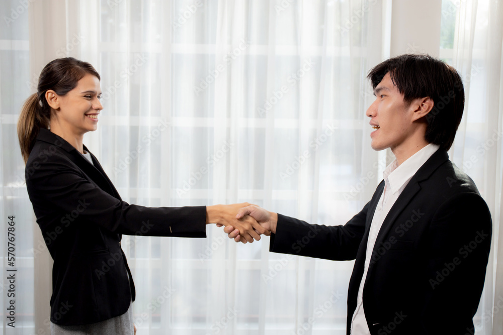 Happy business man and woman standing and shake hands while agreement of negotiation success and congratulations at office, businessman and partner handshake while greeting together, business concept. Happy business man and woman standing and shake hands while agreement of negotiation success and congratulations at office, businessman and partner handshake while greeting together, business concept.
