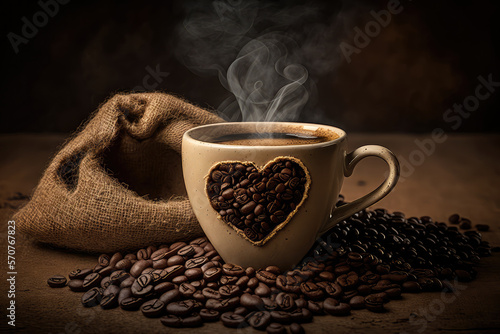 The Perfect Start to Your Day: A Cup of Coffee with Heart-Shaped Smoke and Coffee Beans on a Warm and Inviting Burlap Sack, generative ai