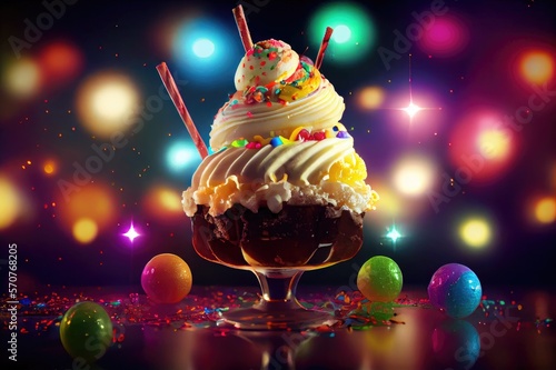 Ice Cream Sundae Cherry Top Whipped Cream Chocolate Caramel Vanilla Strawberry Delicious Party Colorful Dessert Background Image 