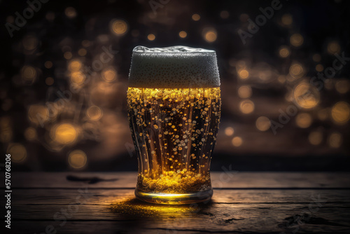 Fototapeta A chilled glass of beer on a dark wooden surface with bokeh lights in the backgr