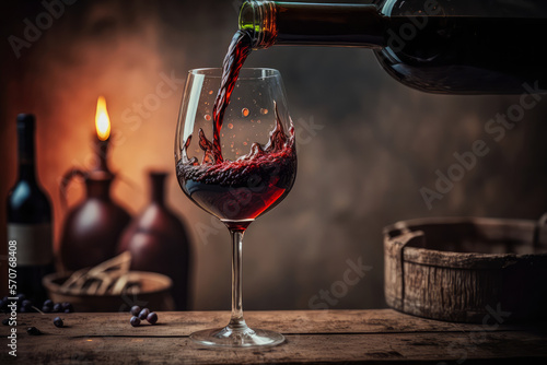 A glass of rich red wine being filled to the brim with a slow pour from a bottle, set against a blurred background, generative ai photo