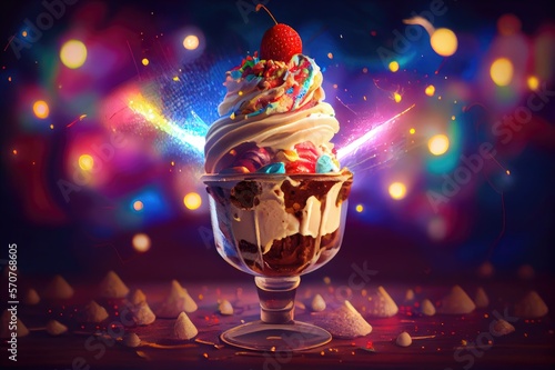Ice Cream Sundae Cherry Top Whipped Cream Chocolate Caramel Vanilla Strawberry Delicious Party Colorful Dessert Background Image 