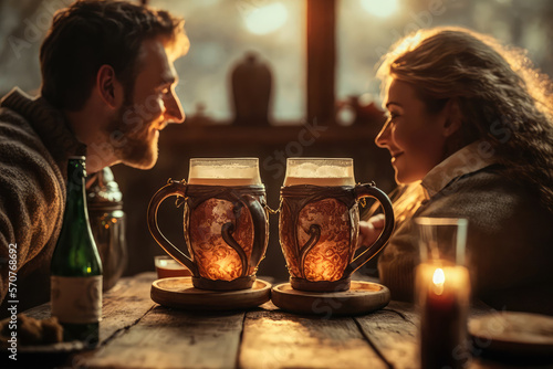 Fototapete A Toast to Love: Couple with Beer Mugs on a Romantic Date, generative ai