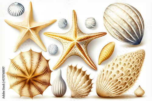 set of seashells and starfish, ai generated
