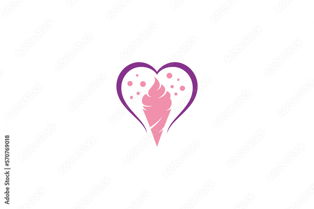 Ice cream love logo with ice cream icon and heart in simple flat design style