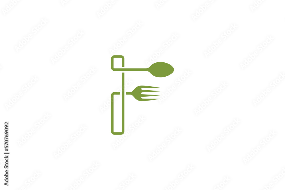 f food, food logo with letter f with cutlery symbol in linear design style f food, food logo with letter f with cutlery symbol in linear design style