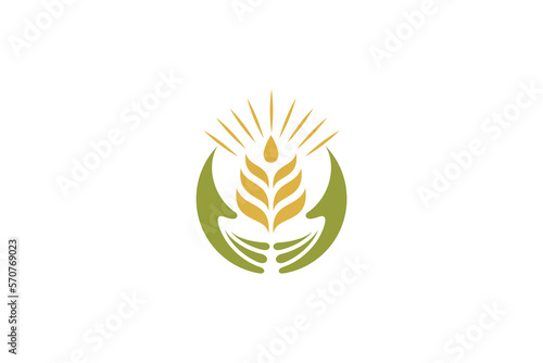 Wheat care logo with hand and wheat shape symbol suitable for design of wheat farm, bakery, groceries and others