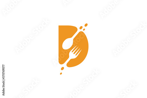 D food, letter d with cutlery in orange color flat design logo