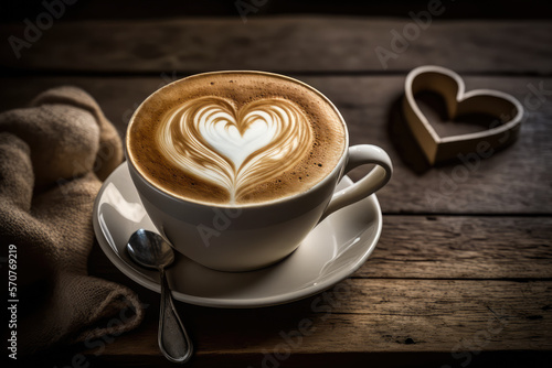 Composition of a white coffee cup with a heart-shaped latte art on a rustic wooden surface with copy space, generative ai