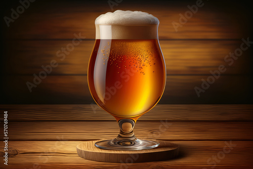 Fotografiet Golden brown beer in a clear glass with a frothy head on a wood plank background