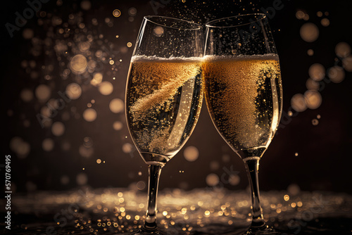 Golden Bubbles: Close-up of two glasses of sparkling champagne clinking together in celebration, generative ai