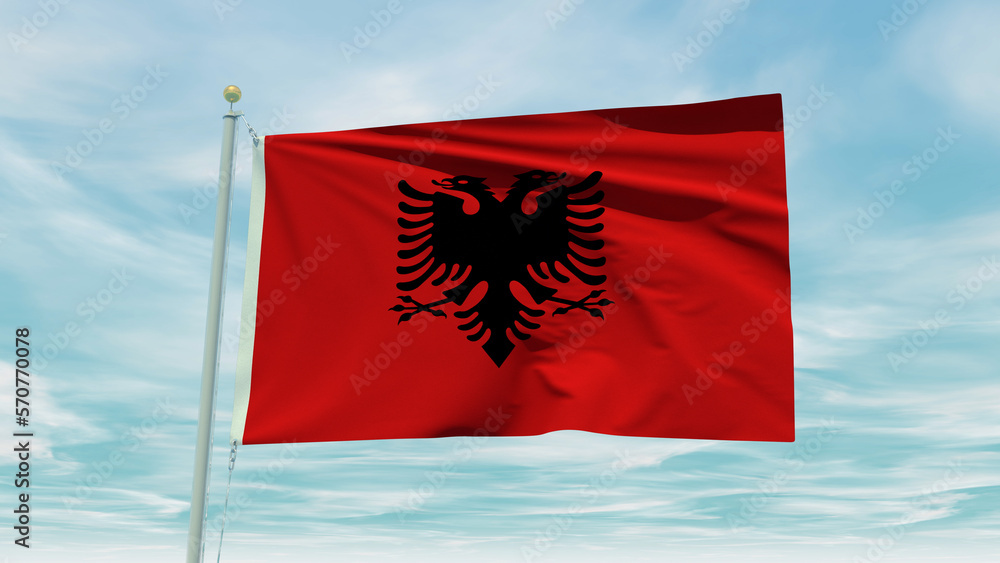 Seamless loop animation of the Albania flag on a blue sky background. 3D Illustration Seamless loop animation of the Albania flag on a blue sky background. 3D Illustration
