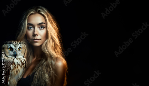 Beautiful blonde model woman holding an owl very close to her, on a dark background. Model is making eye contact while holding a bird of prey. Image created with generative ai photo