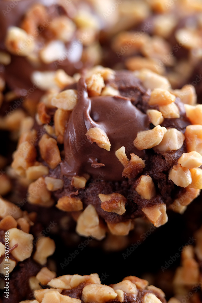 Close up of chocolate pods with crunchy nuts and chocolate sauce Close up of chocolate pods with crunchy nuts and chocolate sauce