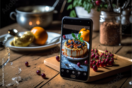 influencer still life food with smartphone