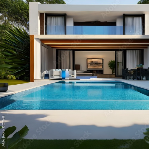 Modern home with a beautiful entrance and a large swimming pool1, Generative AI © Ai.Art.Creations