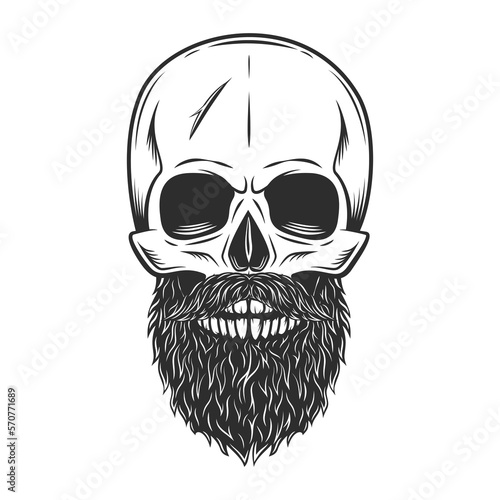Hipster skull with mustache and beard. Isolated on white background monochrome illustration