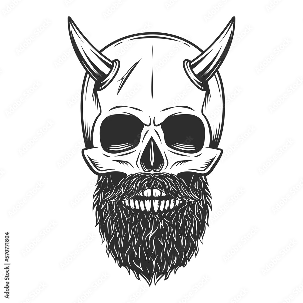 Naklejka premium Skull and horn with hipster mustache and beard isolated on white background monochrome illustration