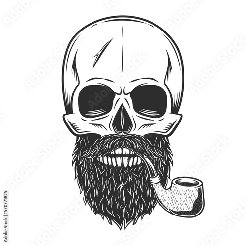 Hipster skull smoking pipe and cigarette with mustache and beard isolated on white background monochrome illustration