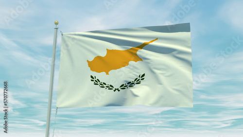 Seamless loop animation of the Cyprus flag on a blue sky background. 3D Illustration