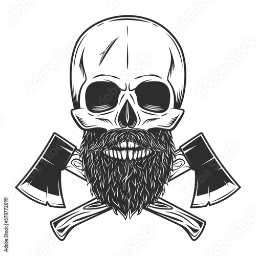 Skull with mustache and beard and crossed wooden axe construction builder tool. Element for business woodworking or lumberjack emblem or icon monochrome illustration