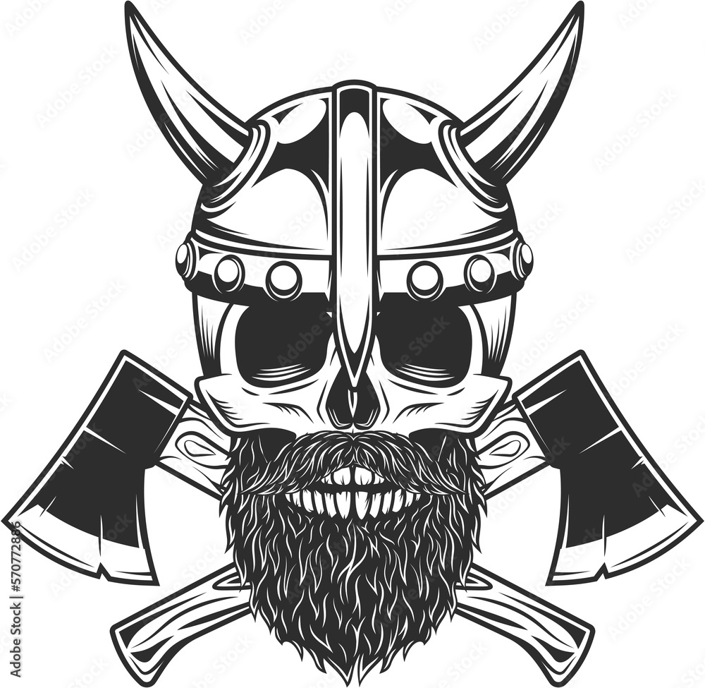 Viking skull bearded and mustached in horned helmet with crossed axes ...