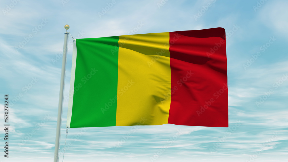 Obraz premium Seamless loop animation of the Mali flag on a blue sky background. 3D Illustration