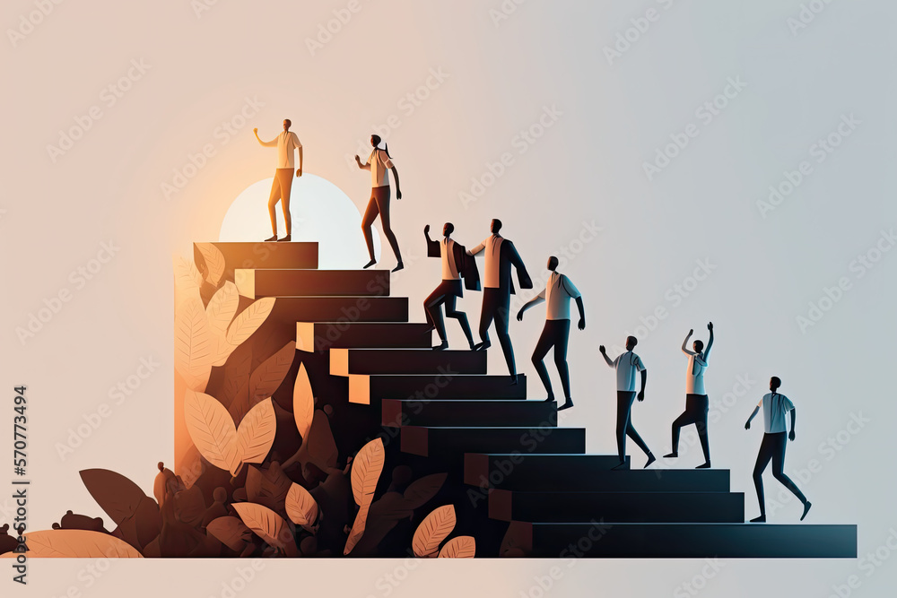 Leader Takes Team Up The Steps Towards Goal Showcasing Leadership Leader Takes Team Up The Steps Towards Goal Showcasing Leadership