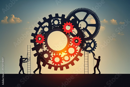 Team of people working & collaborating to solve problems, generate ideas, create innovations, push gears to make it work - synergy, creative, thinking, generation, development