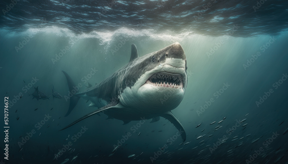 Great white shark with open mouth swimming towards viewer in the ocean ...