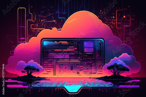 Cloud computing information superhighway data landscape screen illustration vibrant pink, orange, blue and purple neon colors with knowledge trees, ai.
