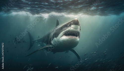 Great white shark with open mouth swimming towards viewer in the ocean next to fish at the surface of the sea illustration with natural light in the background  ai.