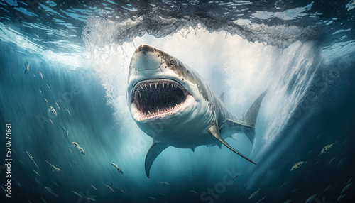 Great white shark with open mouth swimming towards viewer in the ocean next to fish at the surface of the sea illustration with natural light in the background  ai.