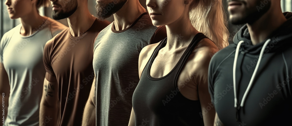 Obraz premium young sporty people stand in a row. Generative AI