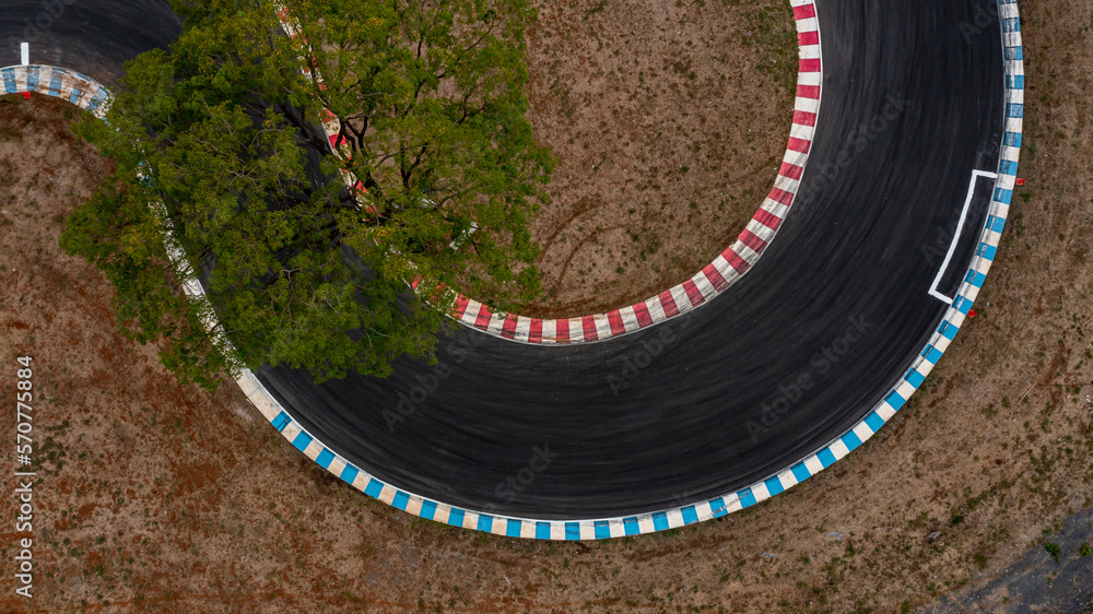 Aerial top view motorsport race asphalt track circuit motor racing