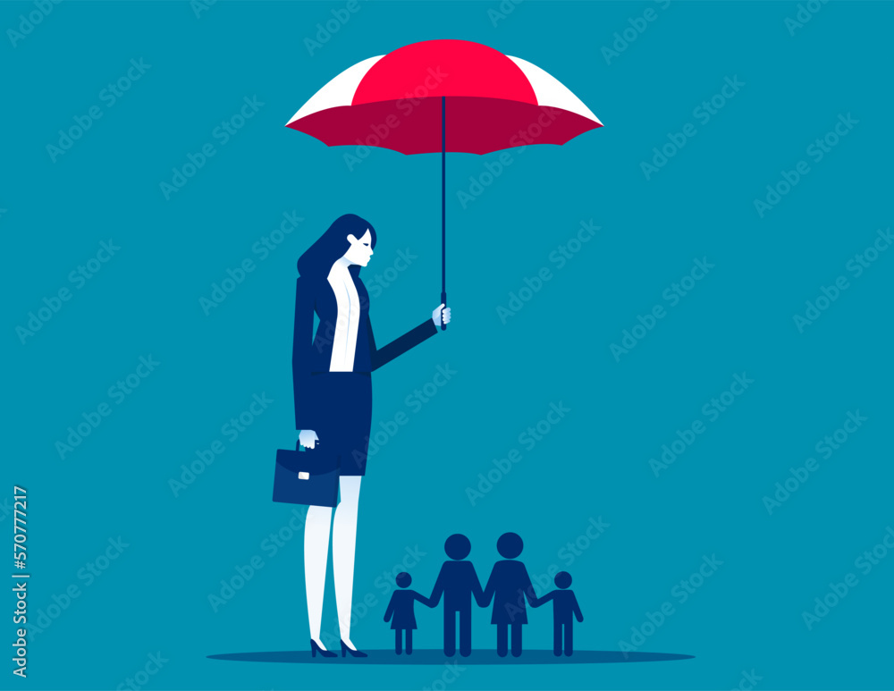Businesswoman with umbrella protecting a family. Business family vector illustration Businesswoman with umbrella protecting a family. Business family vector illustration