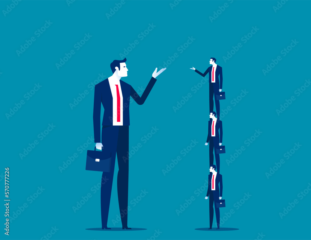 Fototapeta premium Small business on top of human pyramid negotiate with a big business person. Business vector illustration concept