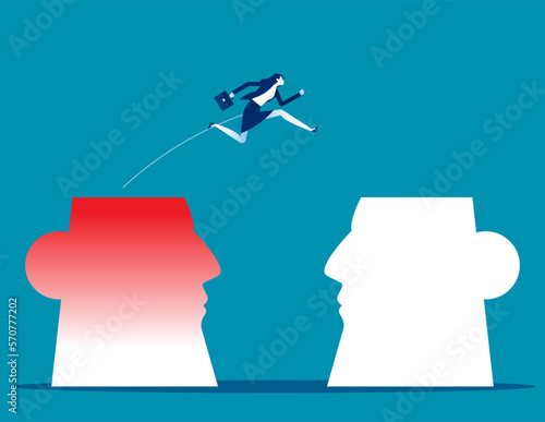 Businesswoman jump from a bad habits head. Business vector illustration concept