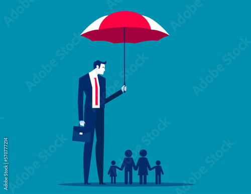 Businessman with umbrella protecting a family. Business family vector illustration