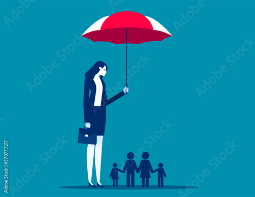 Businesswoman with umbrella protecting a family. Business family vector illustration
