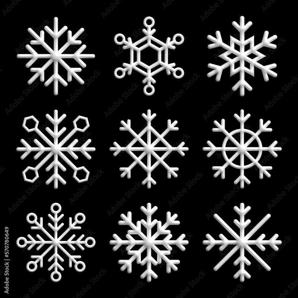 Set of 3D snowflakes isolated on black background. Set of 3D snowflakes isolated on black background.