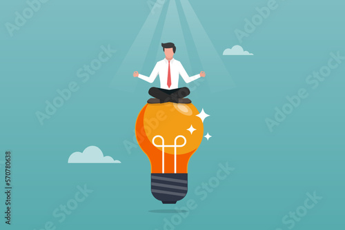 Businessman thinking during meditation to find the best solution for his problems. calm, focused and relax. creative idea to solve work problem. success discover new idea, solution and innovation