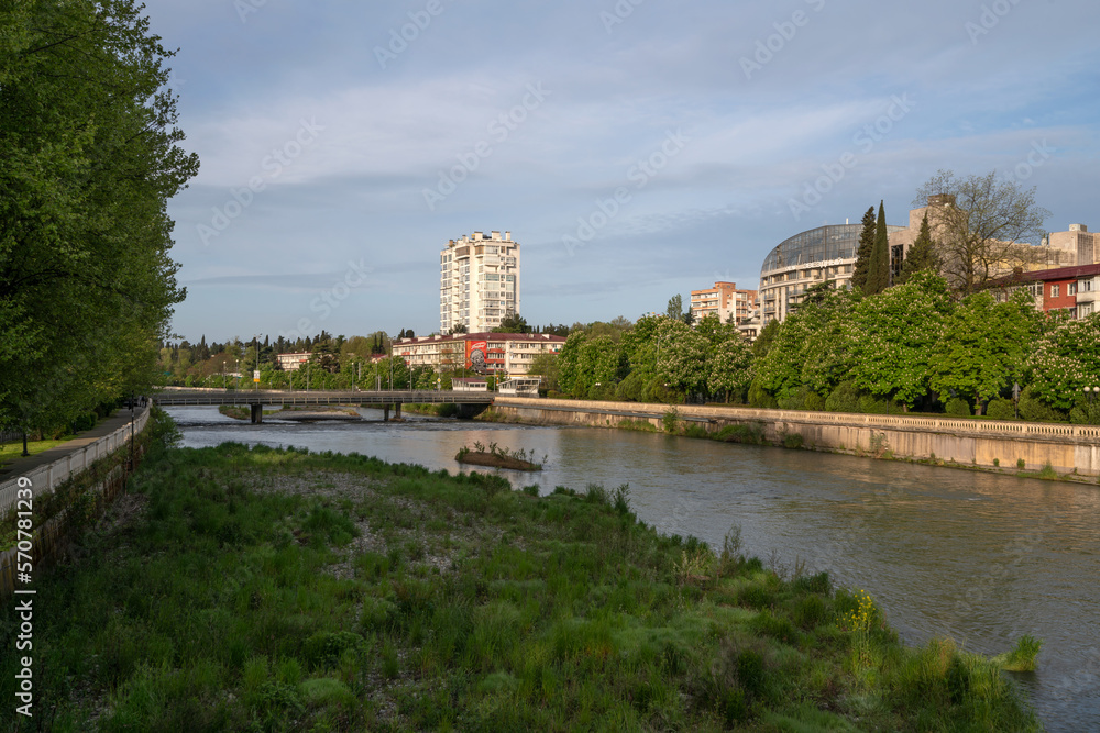 View of the Sochi River embankment on a sunny spring morning, Sochi, Krasnodar Krai, Russia